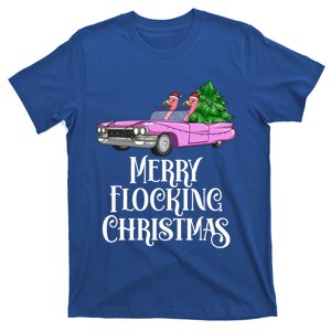 Merry Flocking Christmas Pink Flamingos Pink Car And Xmas Tree Cute Gift T-Shirt