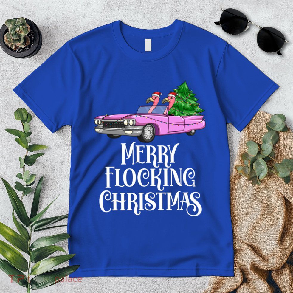 Merry Flocking Christmas Pink Flamingos Pink Car And Xmas Tree Cute Gift Premium T-Shirt