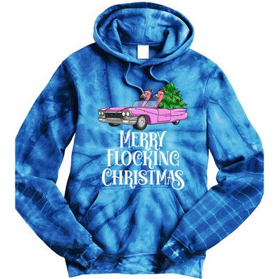 Merry Flocking Christmas Pink Flamingos Pink Car And Xmas Tree Cute Gift Tie Dye Hoodie