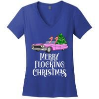 Merry Flocking Christmas Pink Flamingos Pink Car And Xmas Tree Cute Gift Women's V-Neck T-Shirt