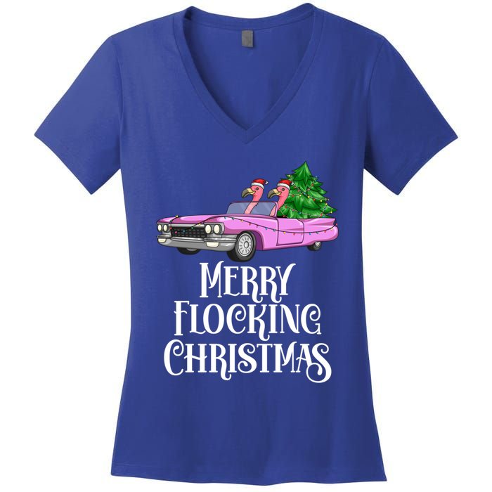 Merry Flocking Christmas Pink Flamingos Pink Car And Xmas Tree Cute Gift Women's V-Neck T-Shirt