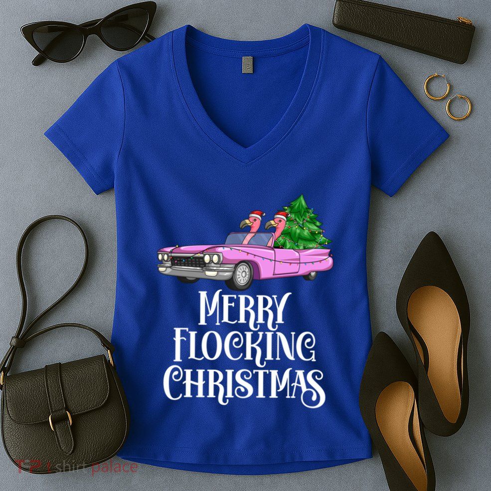 Merry Flocking Christmas Pink Flamingos Pink Car And Xmas Tree Cute Gift Women's V-Neck T-Shirt
