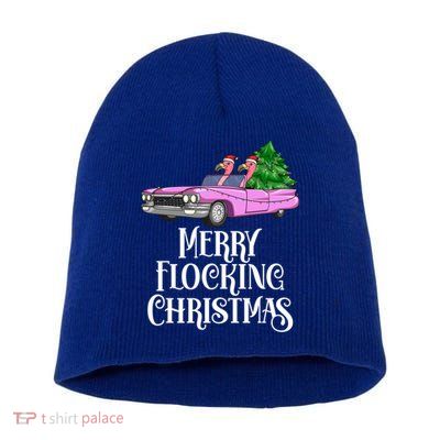 Merry Flocking Christmas Pink Flamingos Pink Car And Xmas Tree Cute Gift Short Acrylic Beanie