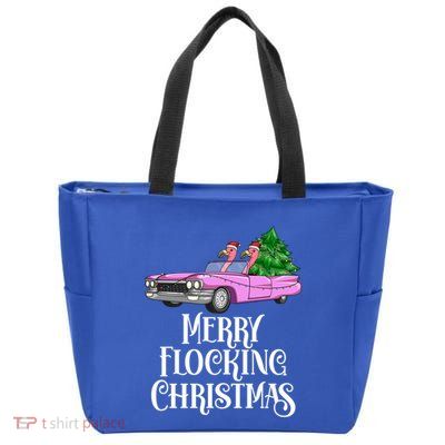 Merry Flocking Christmas Pink Flamingos Pink Car And Xmas Tree Cute Gift Zip Tote Bag