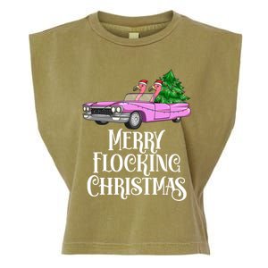 Merry Flocking Christmas Pink Flamingos Pink Car And Xmas Tree Cute Gift Garment-Dyed Women's Muscle Tee