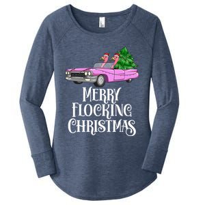 Merry Flocking Christmas Pink Flamingos Pink Car And Xmas Tree Cute Gift Women's Perfect Tri Tunic Long Sleeve Shirt