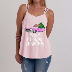 Merry Flocking Christmas Pink Flamingos Pink Car And Xmas Tree Cute Gift Women's Strappy Tank