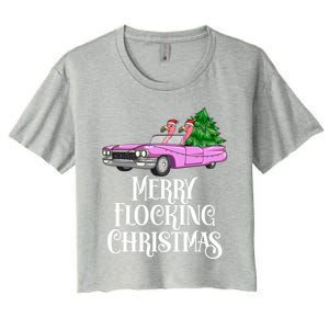 Merry Flocking Christmas Pink Flamingos Pink Car And Xmas Tree Cute Gift Women's Crop Top Tee