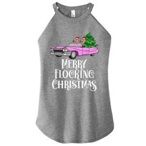 Merry Flocking Christmas Pink Flamingos Pink Car And Xmas Tree Cute Gift Women's Perfect Tri Rocker Tank