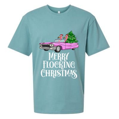 Merry Flocking Christmas Pink Flamingos Pink Car And Xmas Tree Cute Gift Sueded Cloud Jersey T-Shirt