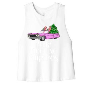 Merry Flocking Christmas Pink Flamingos Pink Car And Xmas Tree Cute Gift Women's Racerback Cropped Tank