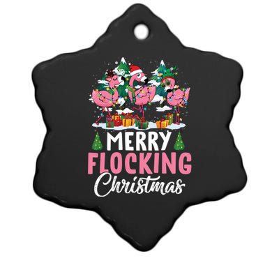 Merry Flocking Christmas Flamingo Pink In Santa Hat Gift Fun Gift Ceramic Star Ornament