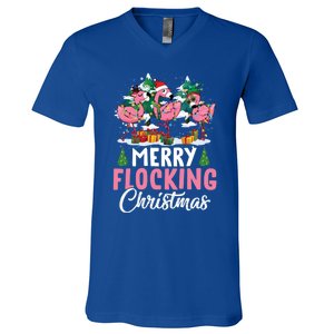 Merry Flocking Christmas Flamingo Pink In Santa Hat Gift Fun Gift V-Neck T-Shirt