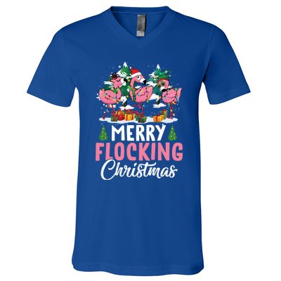 Merry Flocking Christmas Flamingo Pink In Santa Hat Gift Fun Gift V-Neck T-Shirt