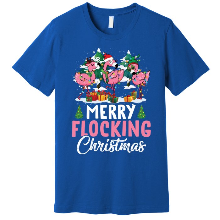 Merry Flocking Christmas Flamingo Pink In Santa Hat Gift Fun Gift Premium T-Shirt