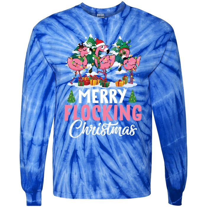 Merry Flocking Christmas Flamingo Pink In Santa Hat Gift Fun Gift Tie-Dye Long Sleeve Shirt