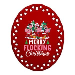 Merry Flocking Christmas Flamingo Pink In Santa Hat Gift Fun Gift Ceramic Oval Ornament