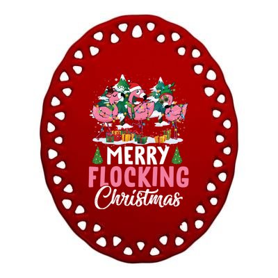 Merry Flocking Christmas Flamingo Pink In Santa Hat Gift Fun Gift Ceramic Oval Ornament