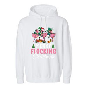 Merry Flocking Christmas Flamingo Pink In Santa Hat Gift Fun Gift Garment-Dyed Fleece Hoodie