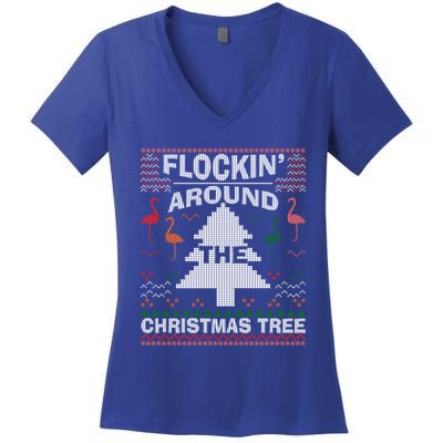 Merry Flocking Christmas Flamingo Santa Pink Ugly Sweater Cool Gift Women's V-Neck T-Shirt