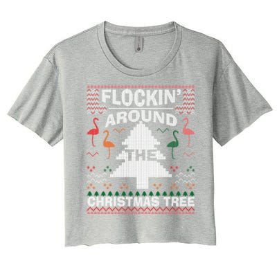 Merry Flocking Christmas Flamingo Santa Pink Ugly Sweater Cool Gift Women's Crop Top Tee