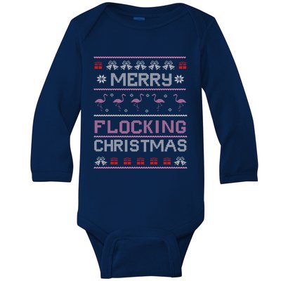 Merry Flocking Christmas Flamingo Ugly Christmas Sweater Gift Baby Long Sleeve Bodysuit