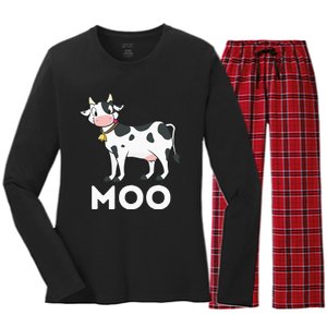 Moo Funny Cow Lover Famer Cattle Ranch Dairy Farming Women's Long Sleeve Flannel Pajama Set 