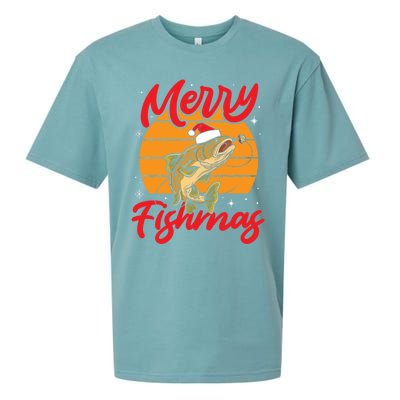 Merry Fishmas Christmas Saying Fishing Xmas Santa Fish Gift Sueded Cloud Jersey T-Shirt