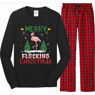 Merry Flocking Christmas Flamingo Pink In Santa Hat Gift Fun Gift Long Sleeve Pajama Set