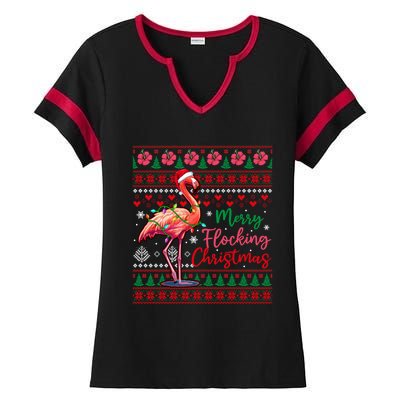 Merry Flocking Christmas Costume Hawaiian Santa Flamingo Gift Ladies Halftime Notch Neck Tee