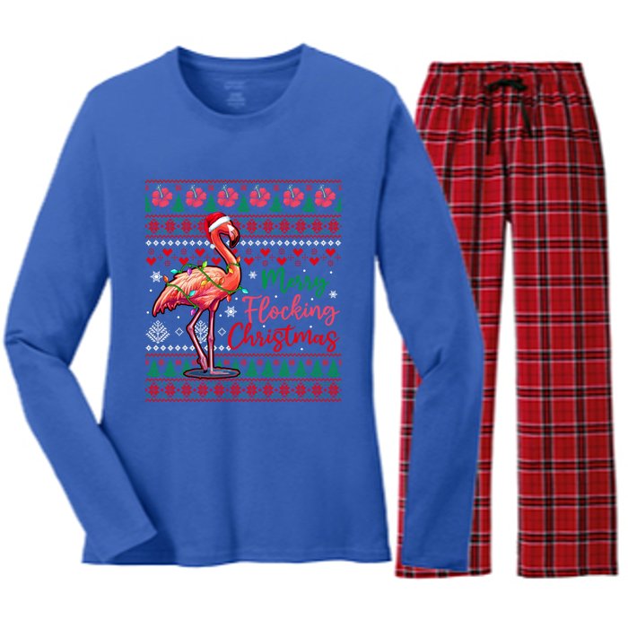 Merry Flocking Christmas Costume Hawaiian Santa Flamingo Gift Women's Long Sleeve Flannel Pajama Set 