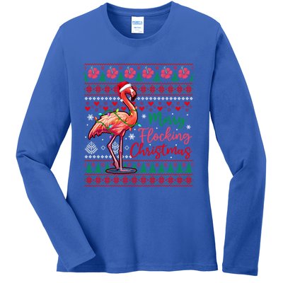 Merry Flocking Christmas Costume Hawaiian Santa Flamingo Gift Ladies Long Sleeve Shirt