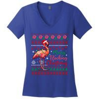 Merry Flocking Christmas Costume Hawaiian Santa Flamingo Gift Women's V-Neck T-Shirt