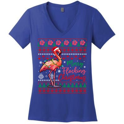 Merry Flocking Christmas Costume Hawaiian Santa Flamingo Gift Women's V-Neck T-Shirt