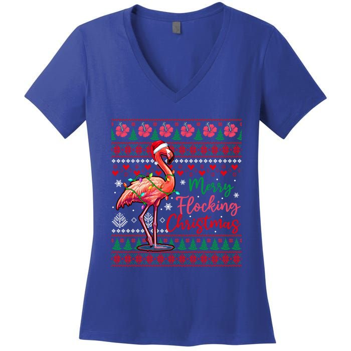 Merry Flocking Christmas Costume Hawaiian Santa Flamingo Gift Women's V-Neck T-Shirt