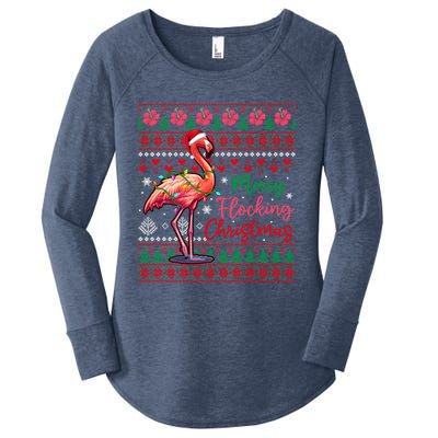 Merry Flocking Christmas Costume Hawaiian Santa Flamingo Gift Women's Perfect Tri Tunic Long Sleeve Shirt