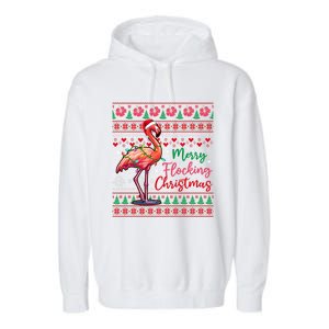 Merry Flocking Christmas Costume Hawaiian Santa Flamingo Gift Garment-Dyed Fleece Hoodie