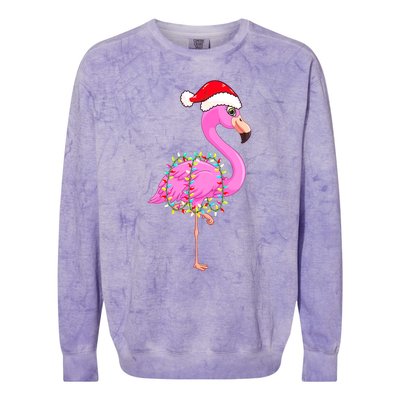 Merry Flocking Christmas Flamingo Pink Santa Hat Xmas Lights Colorblast Crewneck Sweatshirt