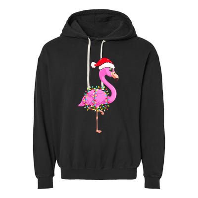 Merry Flocking Christmas Flamingo Pink Santa Hat Xmas Lights Garment-Dyed Fleece Hoodie