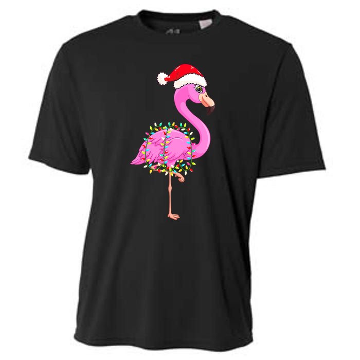 Merry Flocking Christmas Flamingo Pink Santa Hat Xmas Lights Cooling Performance Crew T-Shirt