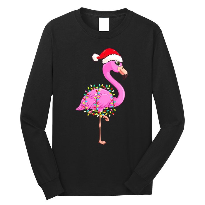 Merry Flocking Christmas Flamingo Pink Santa Hat Xmas Lights Long Sleeve Shirt