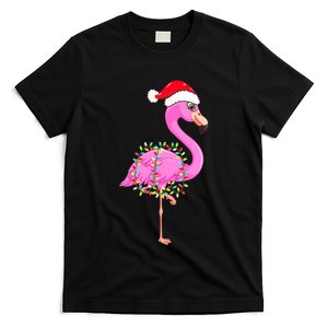 Merry Flocking Christmas Flamingo Pink Santa Hat Xmas Lights T-Shirt