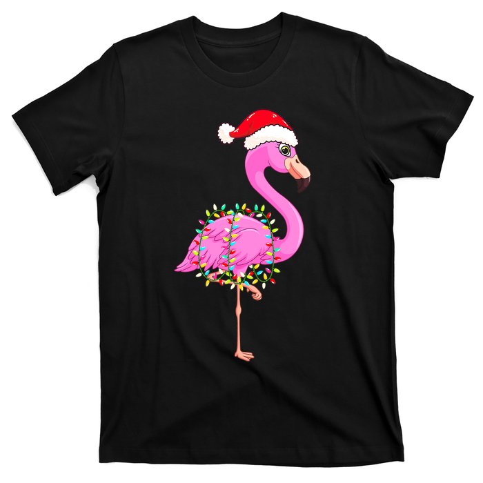 Merry Flocking Christmas Flamingo Pink Santa Hat Xmas Lights T-Shirt