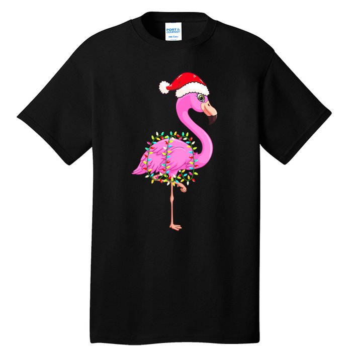 Merry Flocking Christmas Flamingo Pink Santa Hat Xmas Lights Tall T-Shirt