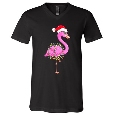 Merry Flocking Christmas Flamingo Pink Santa Hat Xmas Lights V-Neck T-Shirt