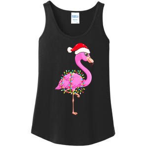 Merry Flocking Christmas Flamingo Pink Santa Hat Xmas Lights Ladies Essential Tank