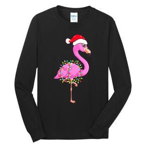 Merry Flocking Christmas Flamingo Pink Santa Hat Xmas Lights Tall Long Sleeve T-Shirt