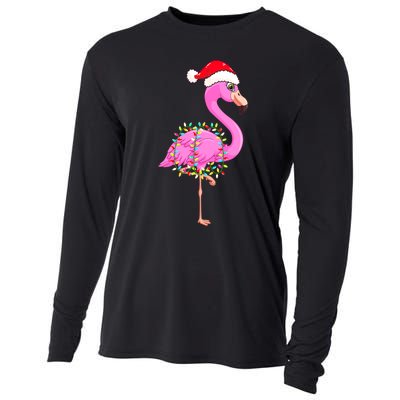 Merry Flocking Christmas Flamingo Pink Santa Hat Xmas Lights Cooling Performance Long Sleeve Crew