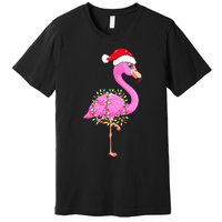 Merry Flocking Christmas Flamingo Pink Santa Hat Xmas Lights Premium T-Shirt