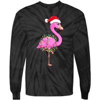 Merry Flocking Christmas Flamingo Pink Santa Hat Xmas Lights Tie-Dye Long Sleeve Shirt